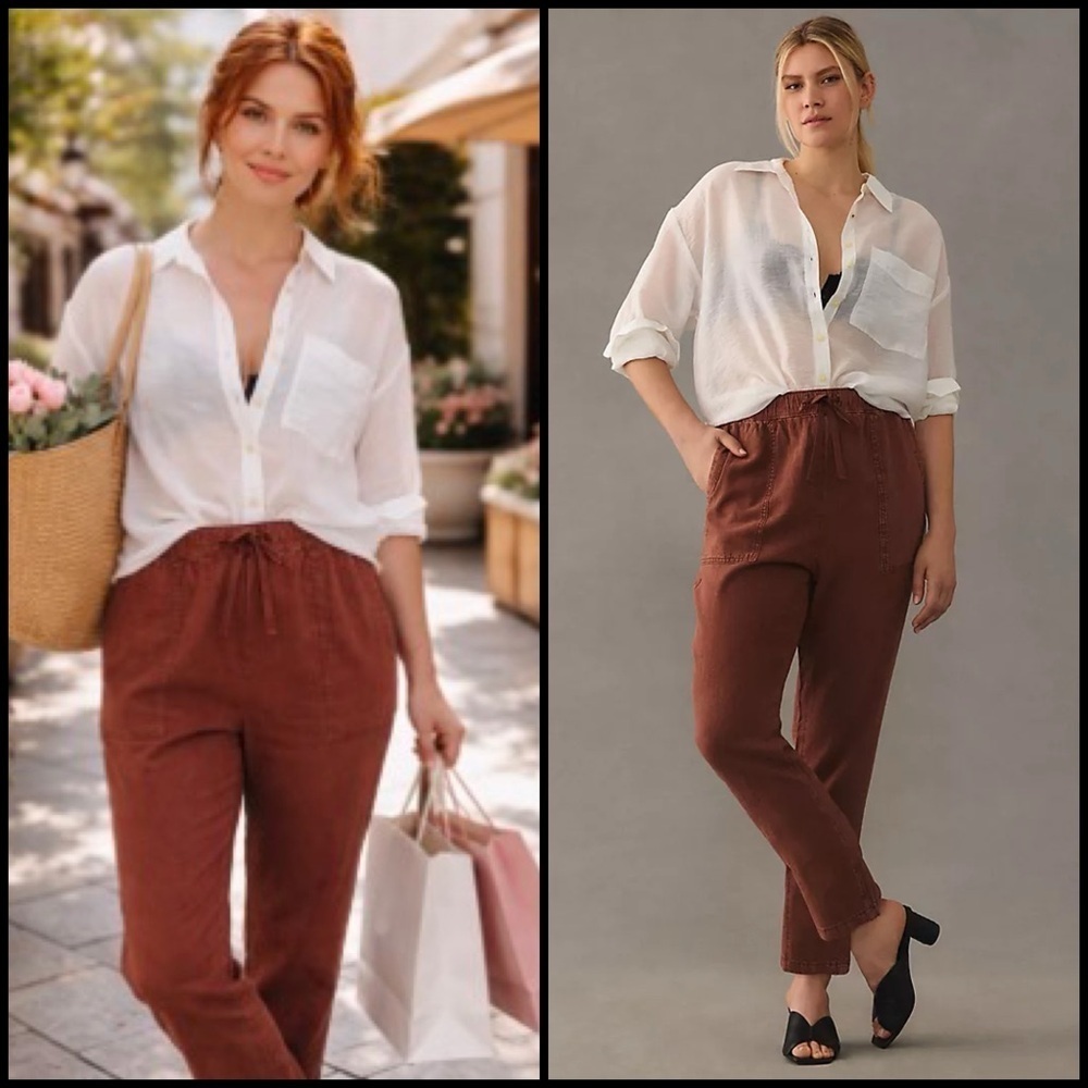 Anthropologie Pilcro Linen Blend Drawstring Relaxed Pants Brown Boho Pants M